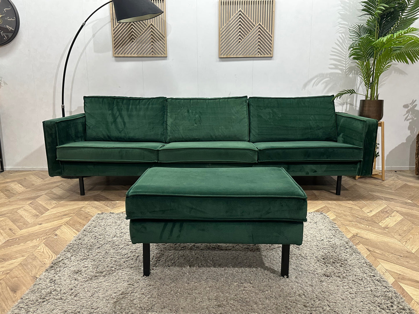 Be Pure Groene Velvet 3-Zits Bank Inc Hocker ~ Losse Kussens Met Afneembare Hoezen