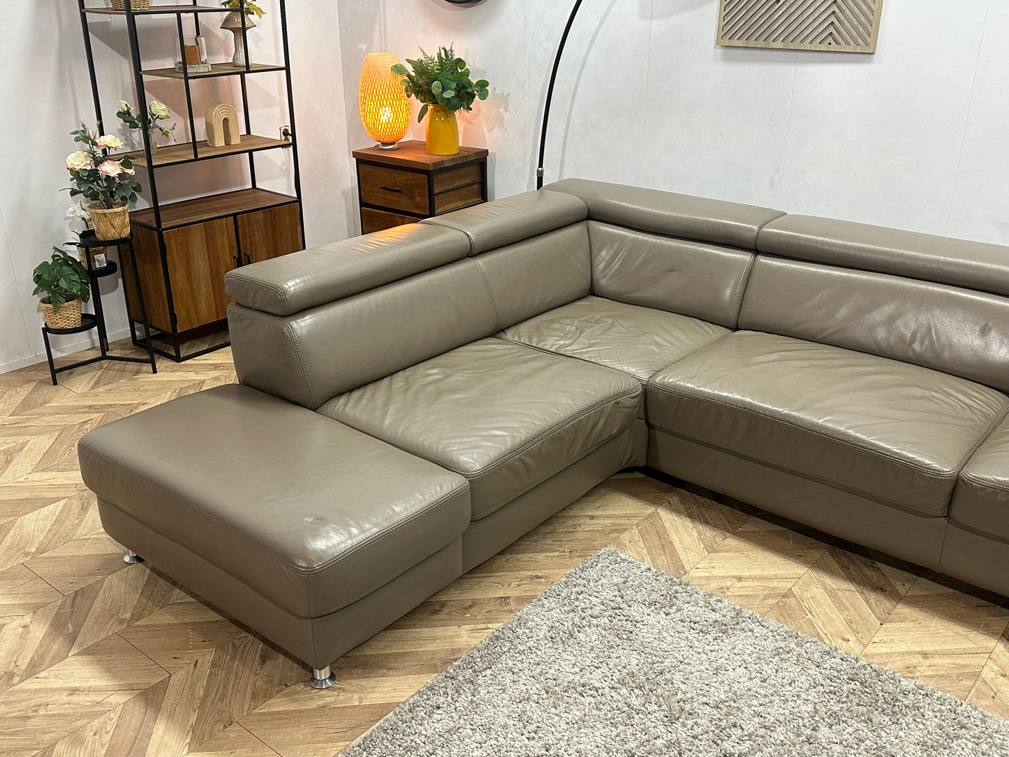 Licht Bruine Echt Lederen Hoekbank ~ Verstelbare Hoofdsteunen