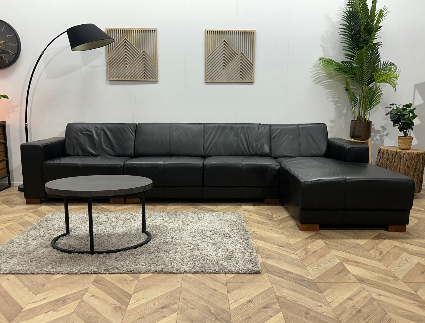Zwarte Echt Lederen Hoekbank ~ Vaste Kussens