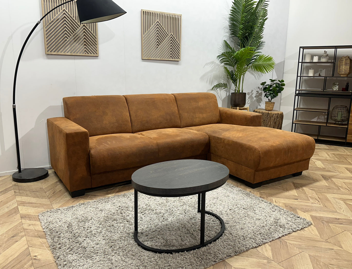 Cognac Bruine Suède Stoffen Hoekbank ~ Vaste Kussens