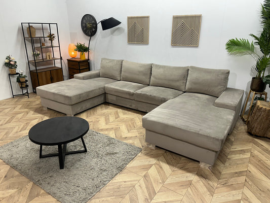 Grijze Velvet U Bank ~ Losse Kussens Met Afneembare Hoezen