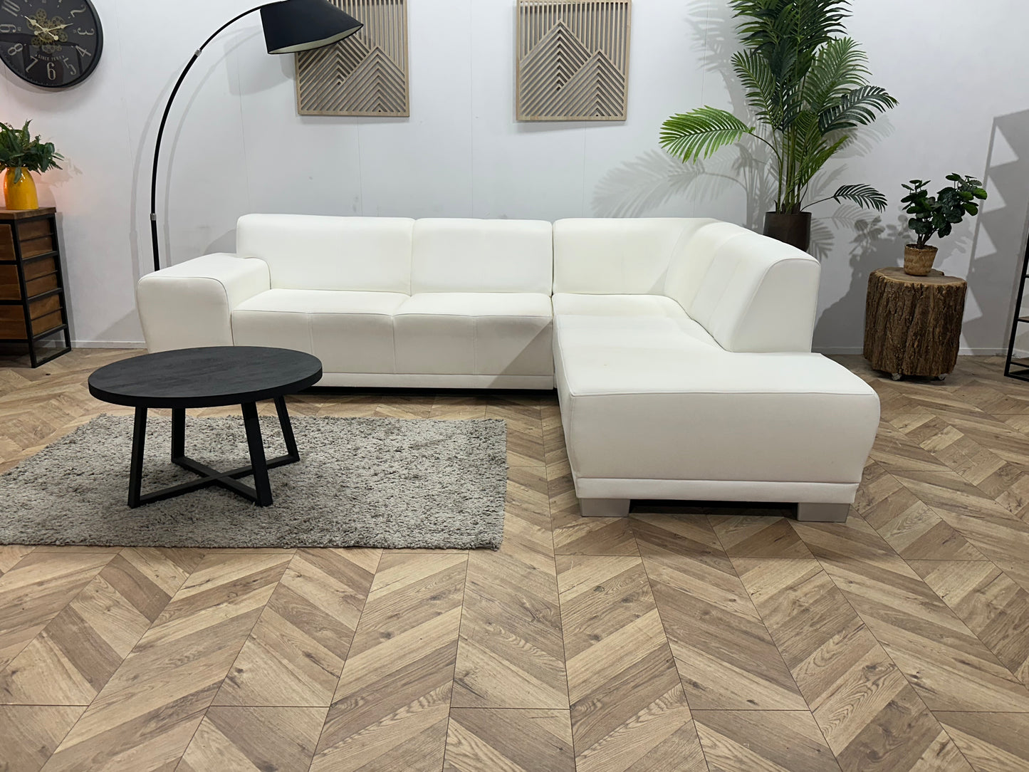 Witte Leather Look Hoekbank ~ Vaste Kussens