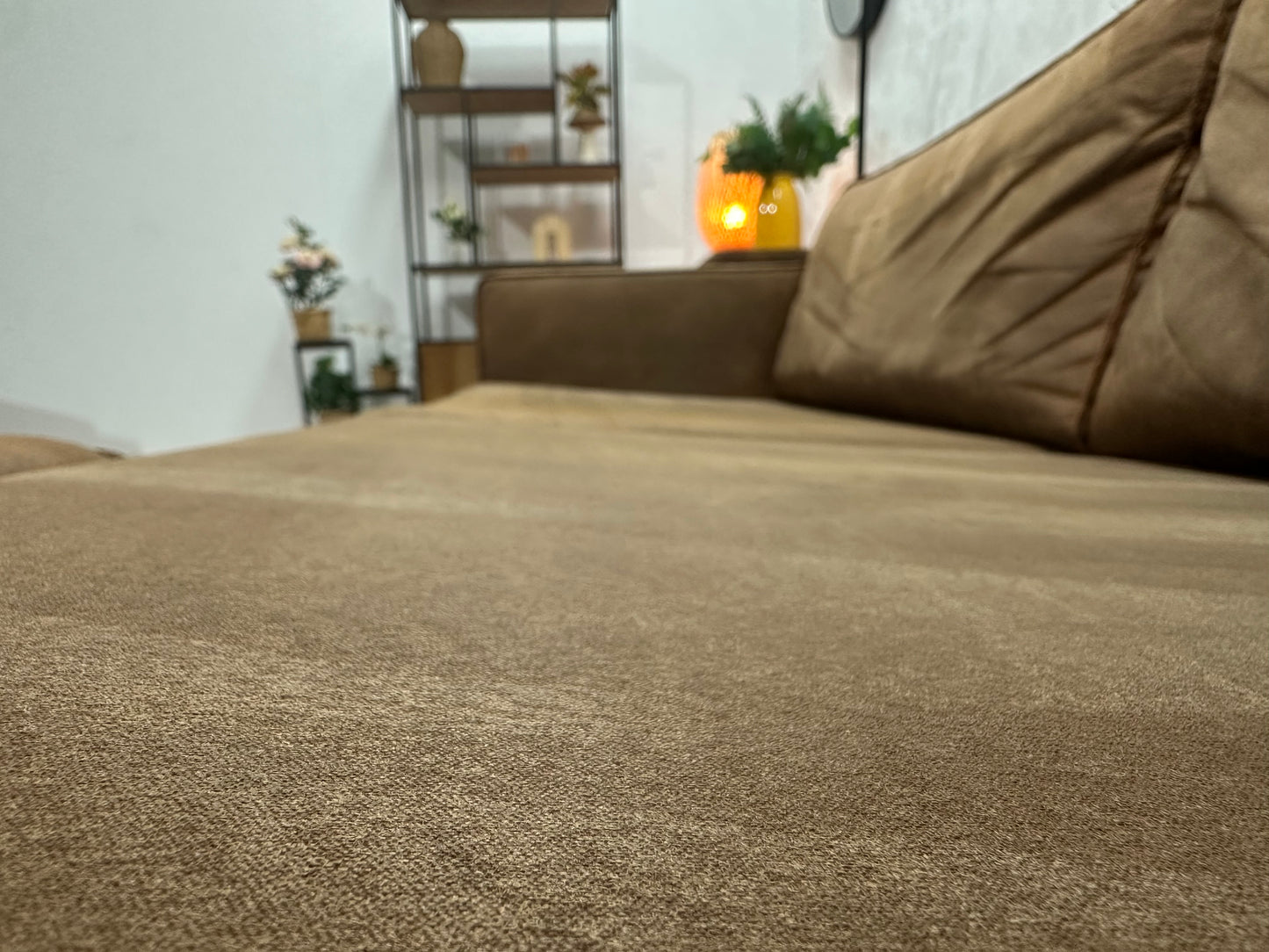 Woood Cognac Bruine Suède Stoffen Hoekbank Inc Fauteuil ~ Losse Kussens Met Afneembare Hoezen