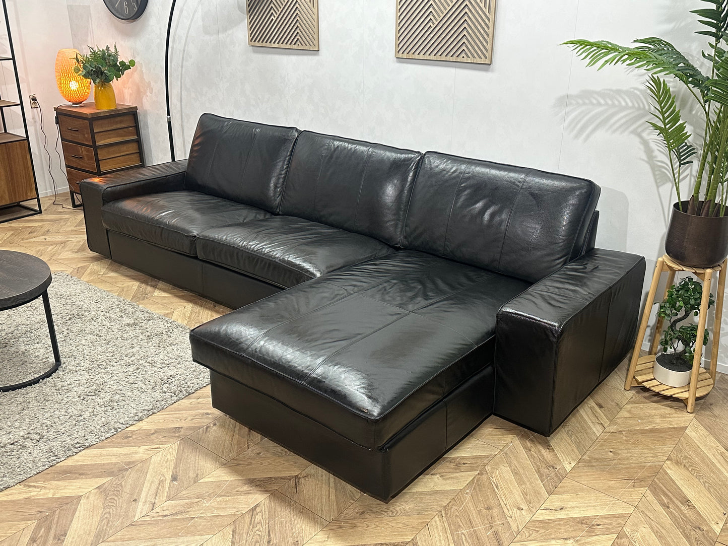 Zwarte Echt Lederen Hoekbank ~Geïmpregneerd