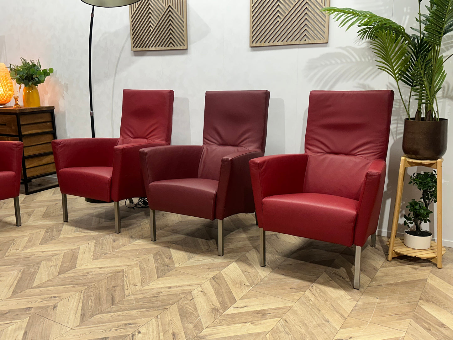 Rode Echt Lederen Stoelen Set