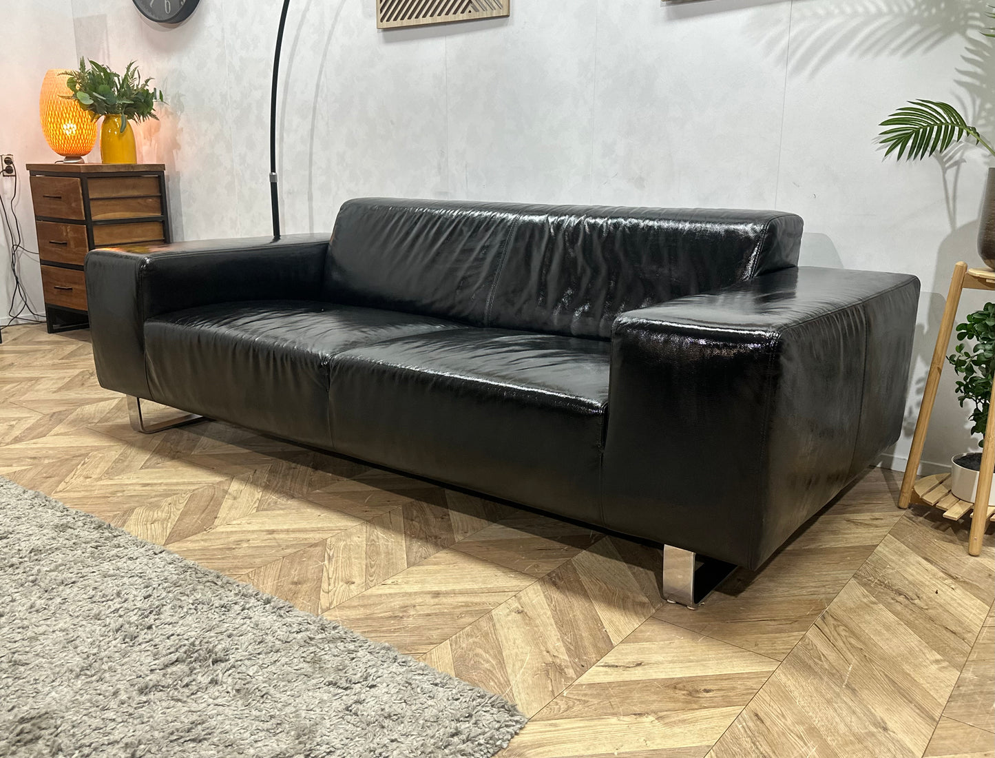 Zwarte Echt Lederen 2.5-Zits Bank ~ Geïmpregneerd