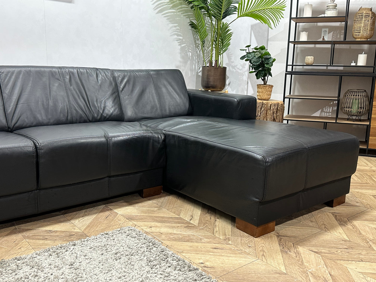 Zwarte Echt Lederen Hoekbank ~ Vaste Kussens