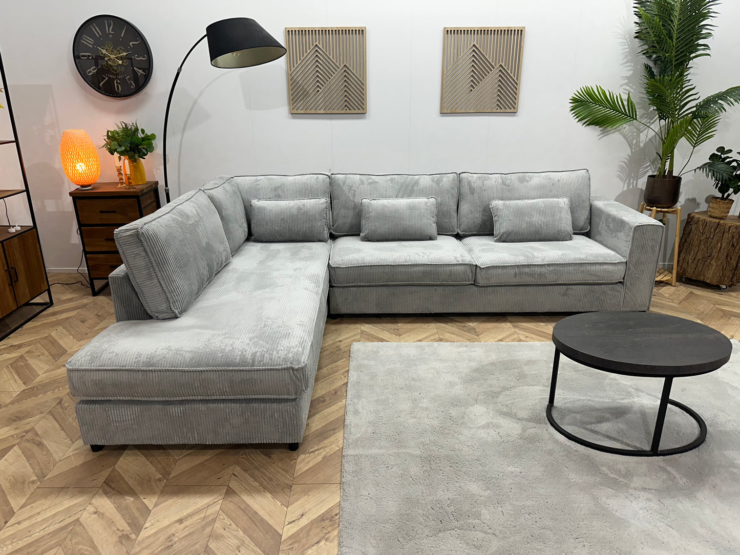 !Showroommodel! Licht Blauwe Ribstof Hoekbank Beide Hoeken Mogelijk