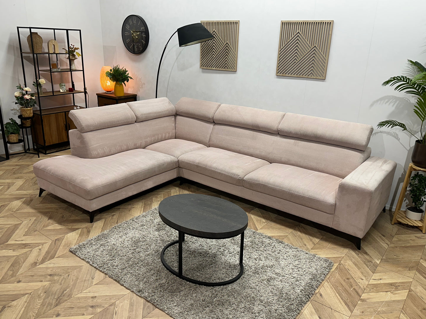 Roze Suede Stoffen Hoekbank ~ Verstelbare Hoofdsteunen