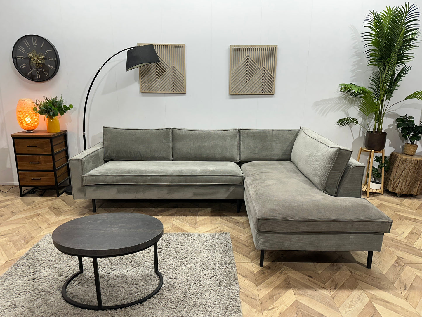 Grijze Woood Ribstof Hoekbank ~ Losse Kussens