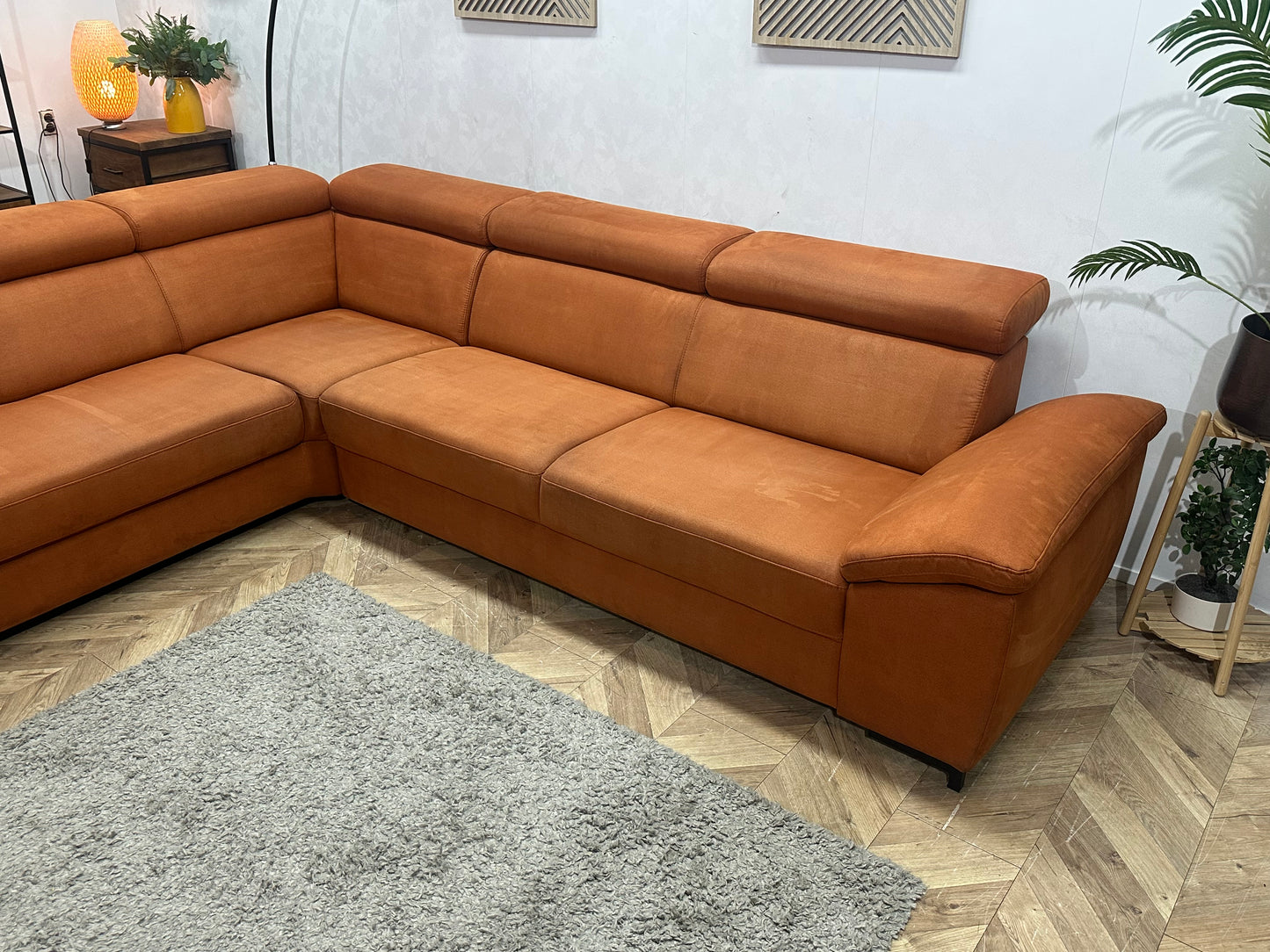 Cognac Bruine Suède Stoffen Hoekbank ~ Verstelbare Arm/ Hoofdsteunen