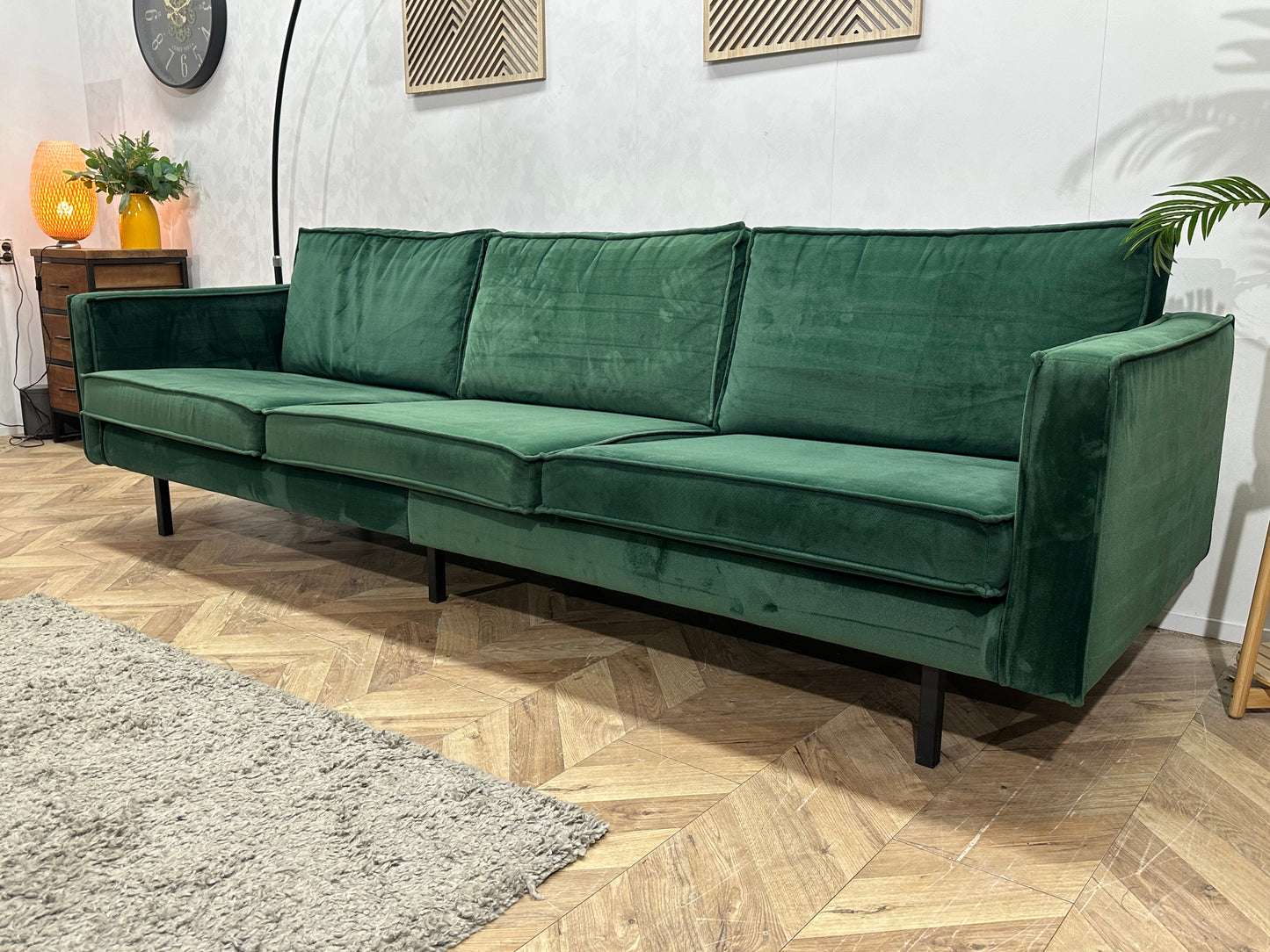 Be Pure Groene Velvet 3-Zits Bank Inc Hocker ~ Losse Kussens Met Afneembare Hoezen