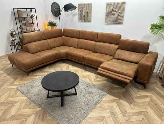 Cognac Bruine Suede Stoffen Hoekbank ~ Relaxfunctie
