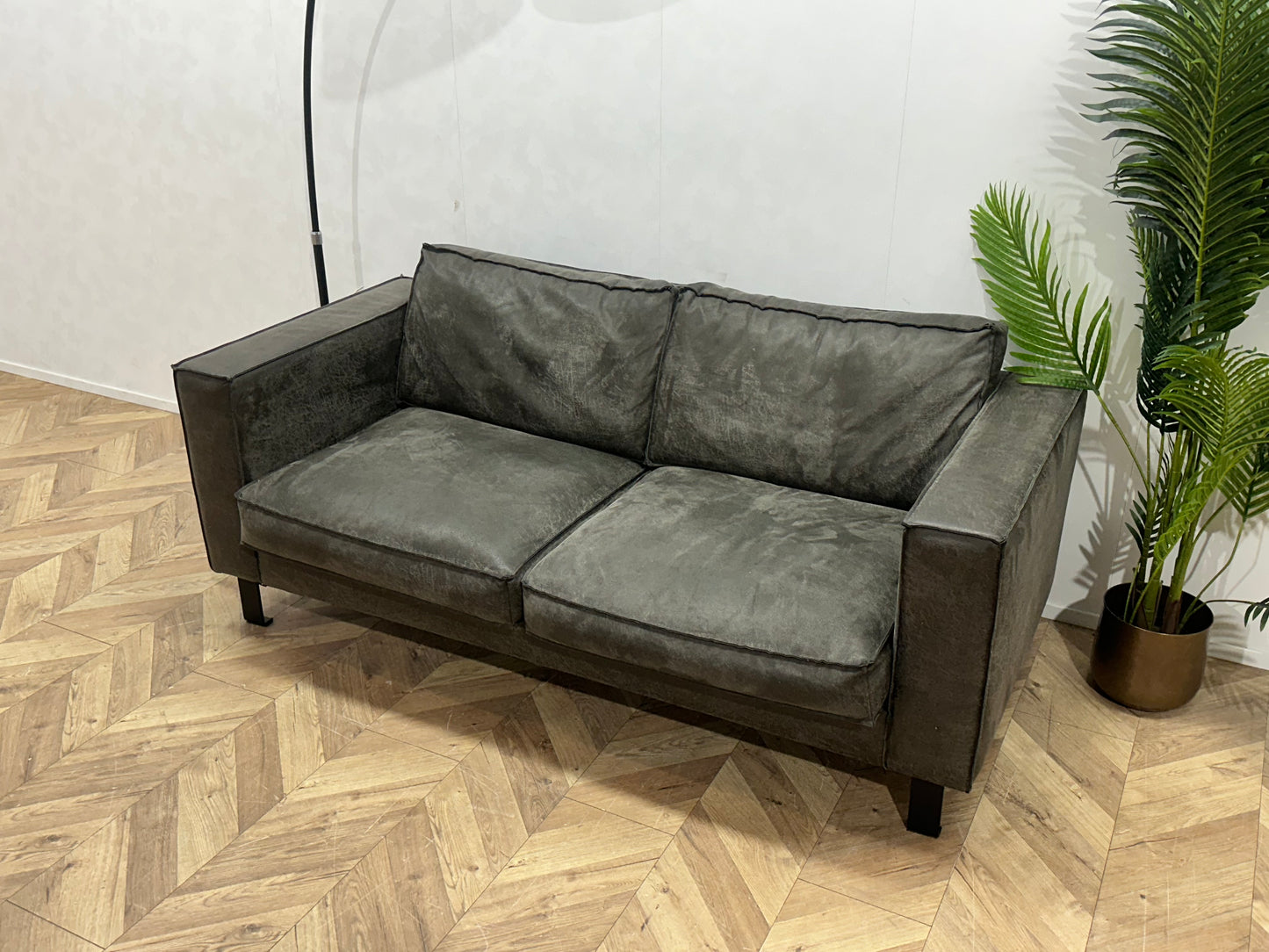 Antraciet Suède Lederen 2.5-Zits Bank ~ Losse Kussens Met Afneembare Hoezen