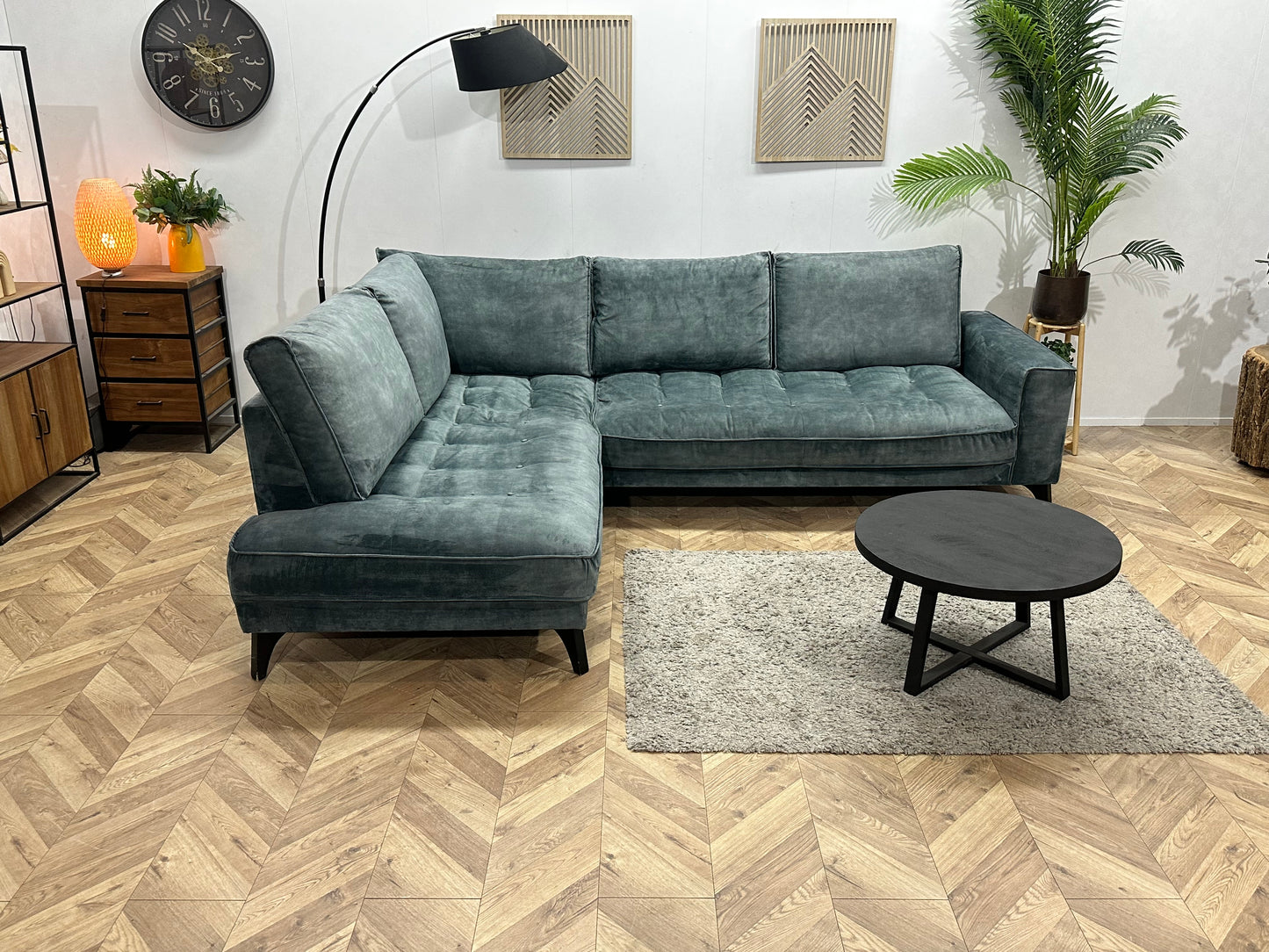 Blauwe/Grijze Velvet Hoekbank ~ Losse Rugkussens Met Afneembare Hoezen