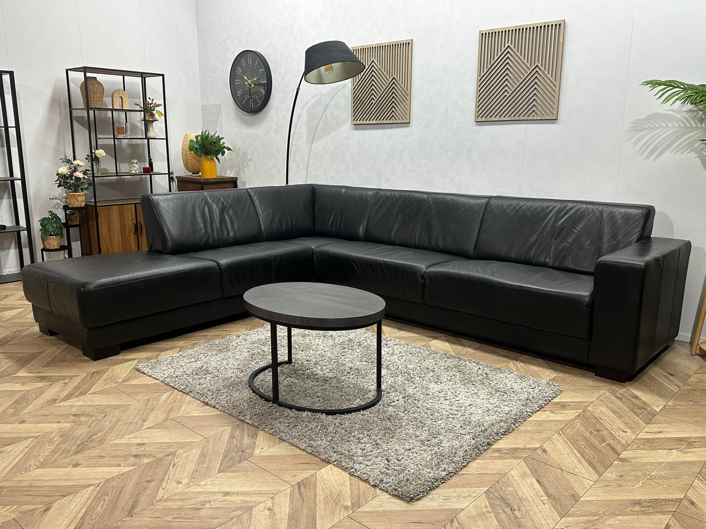 Zwart Echte Lederen Hoekbank ~ Vaste Kussens