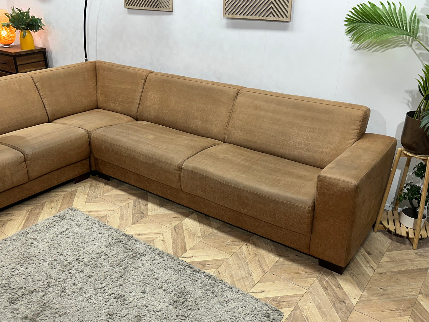 Cognac Bruine Suède Stoffen Hoekbank ~ Vaste Kussens