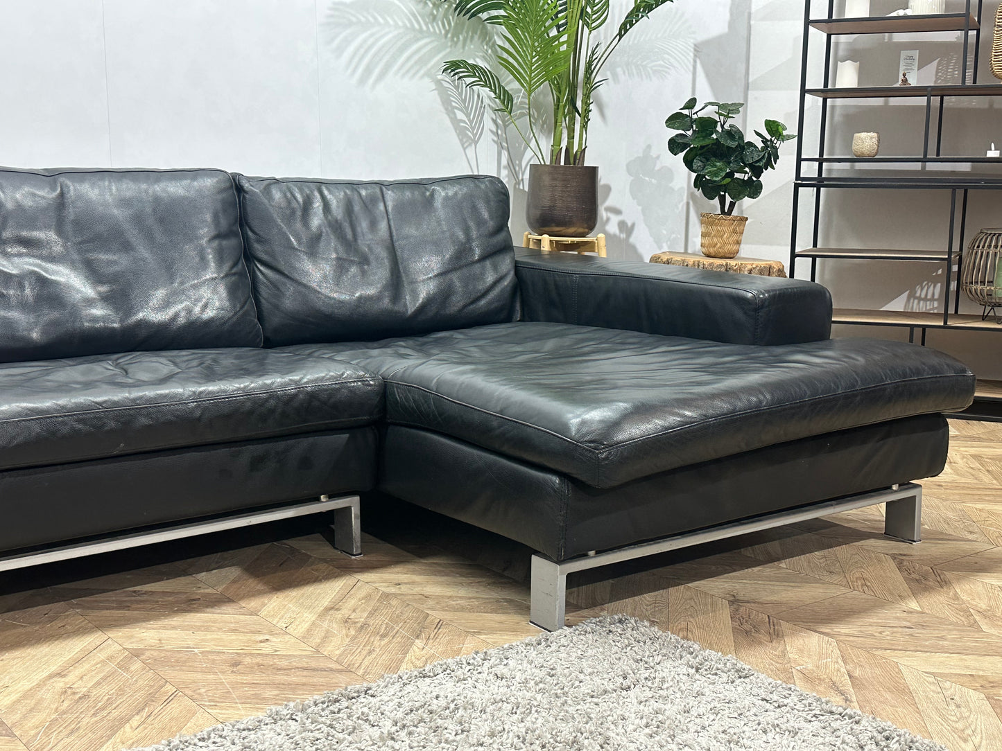 Leatherworld Zwarte Echt Lederen U Bank ~ Losse Kussens Met Afneembare Hoezen