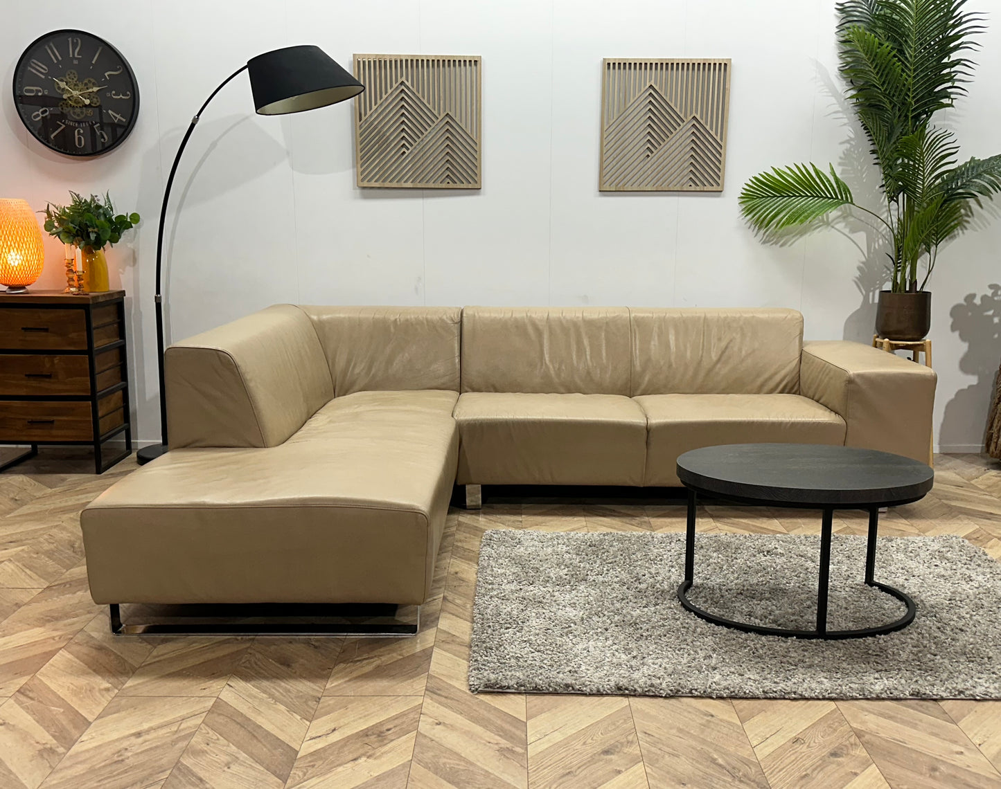 Goossens Crème Echt Lederen Hoekbank ~ Vaste Kussens