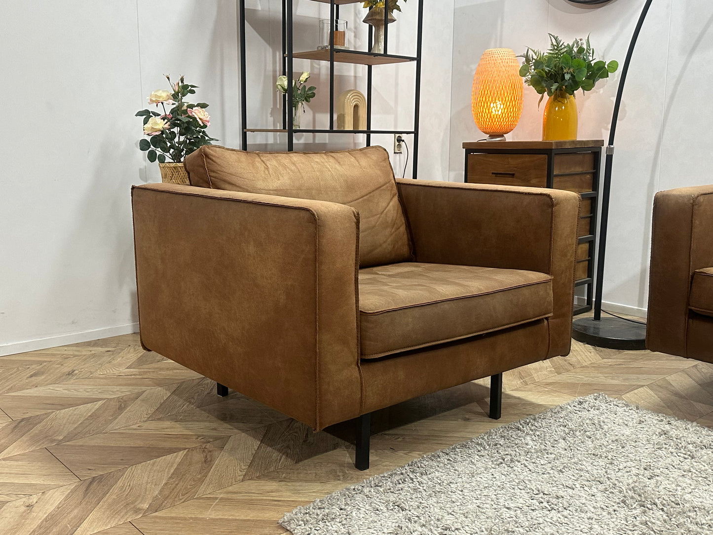 Woood Cognac Bruine Suède Stoffen Hoekbank Inc Fauteuil ~ Losse Kussens Met Afneembare Hoezen