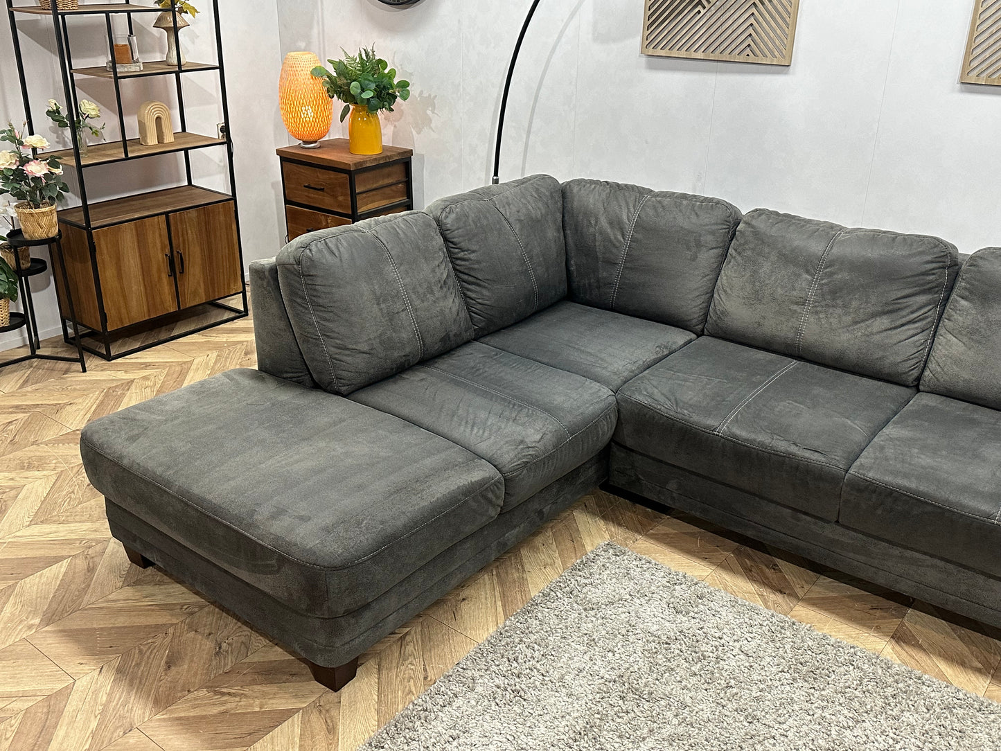 Antraciet Suède Stoffen Hoekbank ~ Verstelbare Armsteun