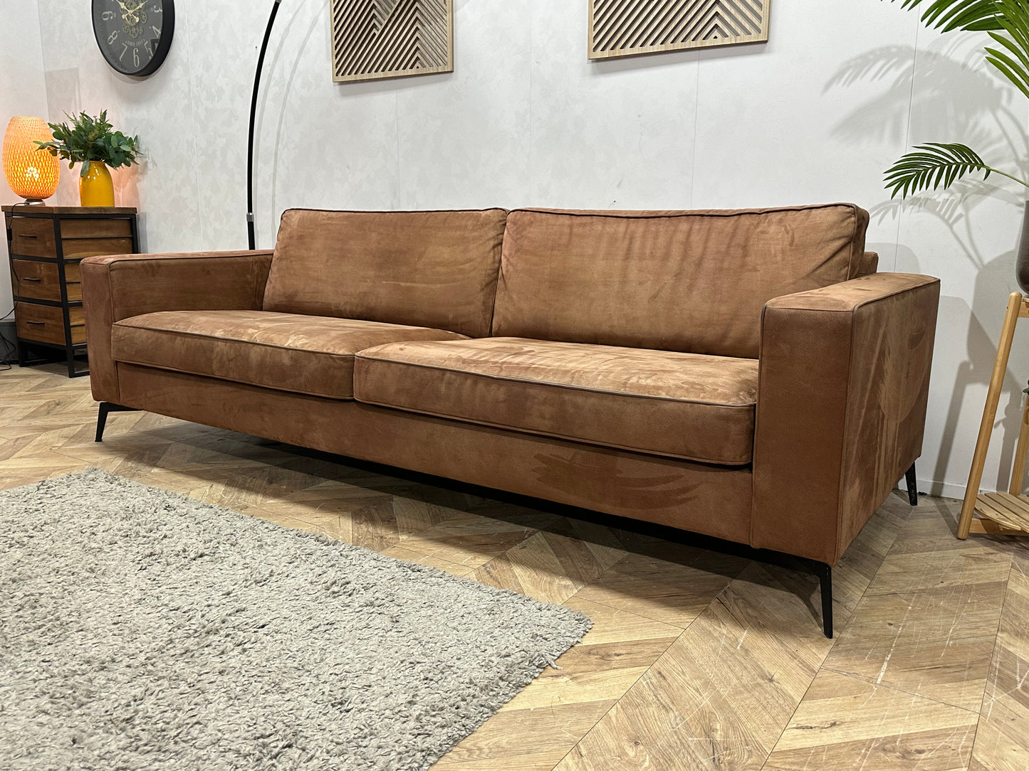 Cognac Bruine Suède Stoffen 2.5-Zits Bank ~ Losse Kussens Met Afneembare Hoezen