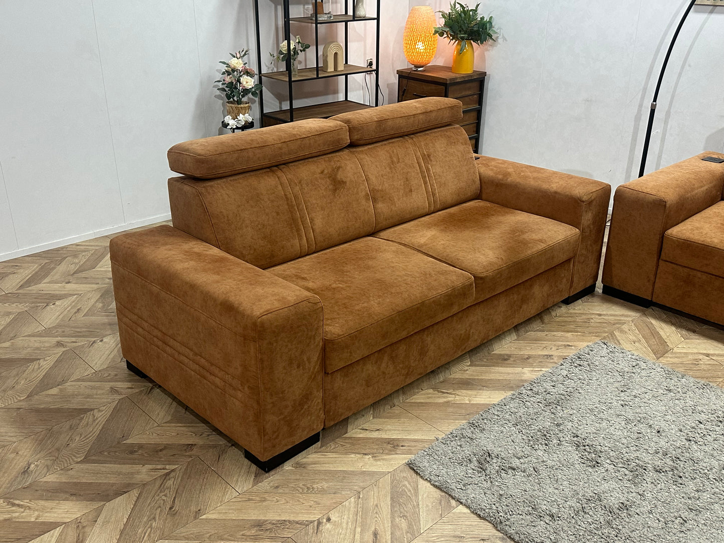 Cognac Bruine Velvet Banken Set ~ USB-Functie
