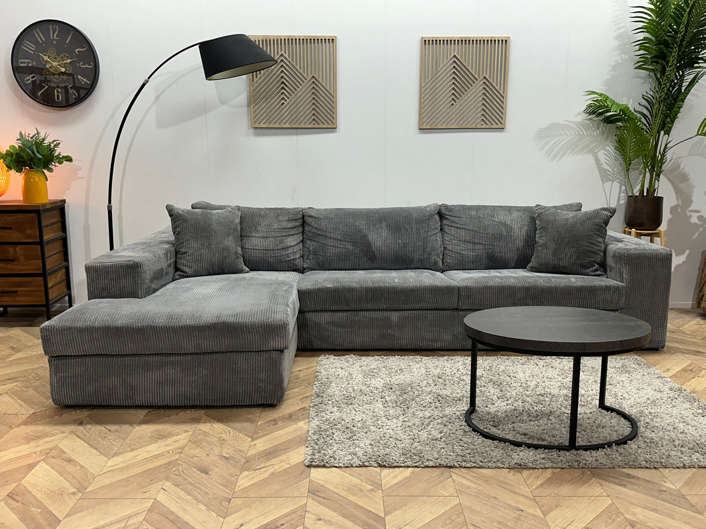 Licht Grijze Ribstof Hoekbank ~ Losse Kussens Met Afneembare Hoezen