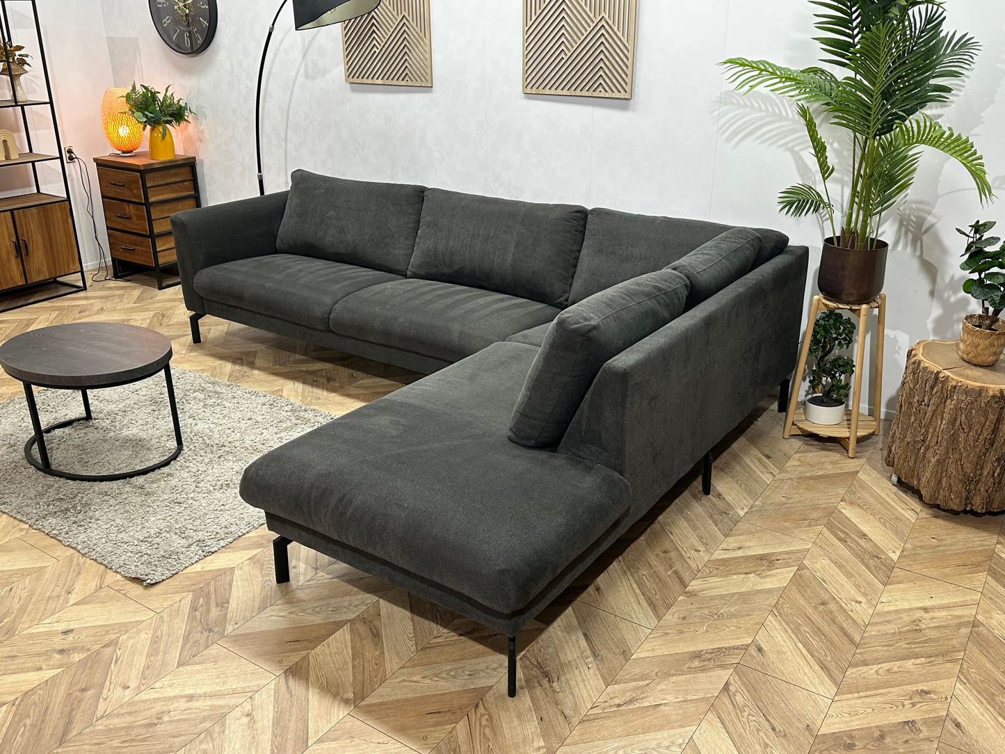 Antraciet Suède Stoffen Hoekbank ~ Losse Rugkussens Met Afneembare Hoezen