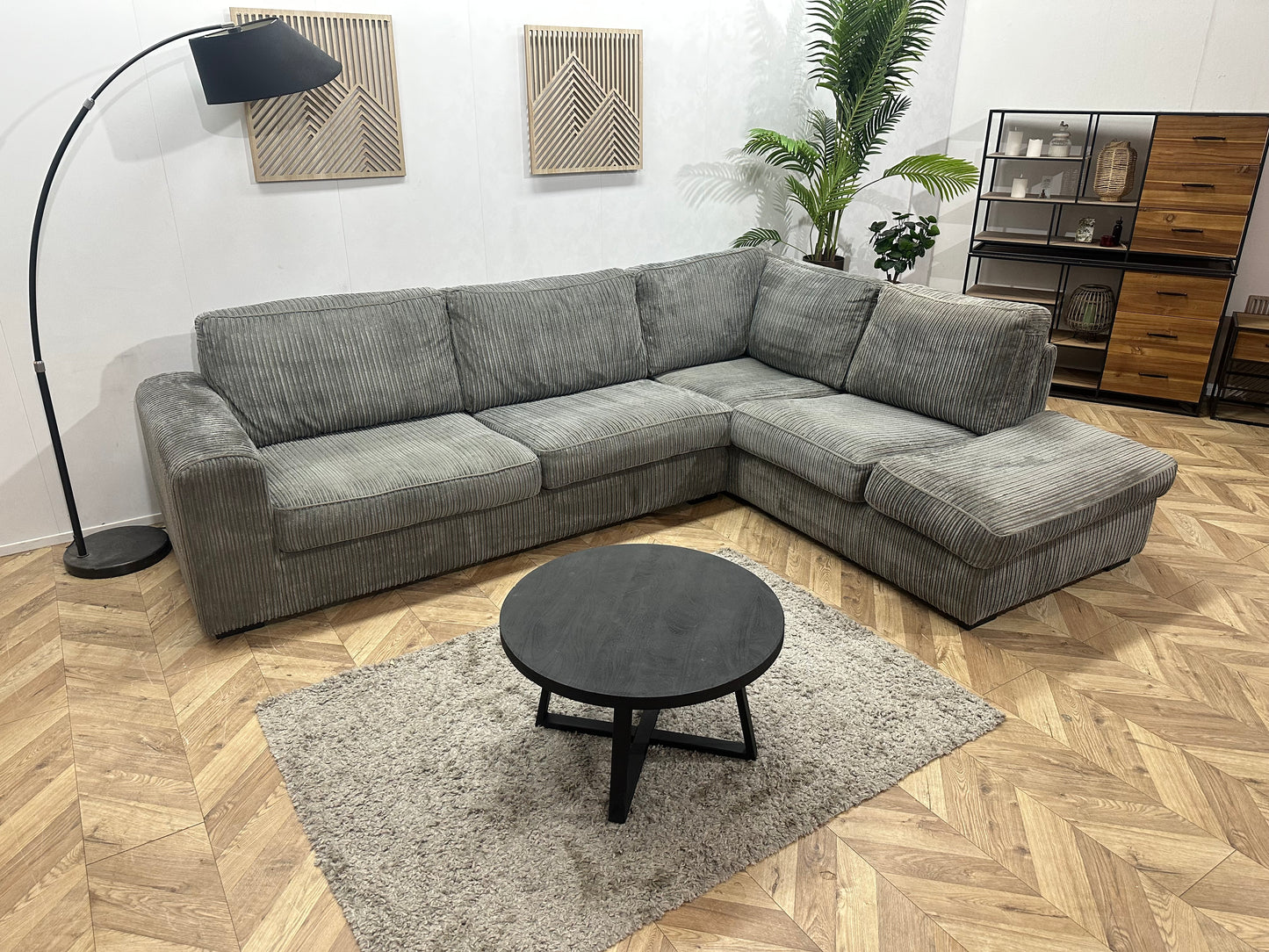 Grijze Ribstof Hoekbank ~ Losse Kussens Met Afneembare Hoezen