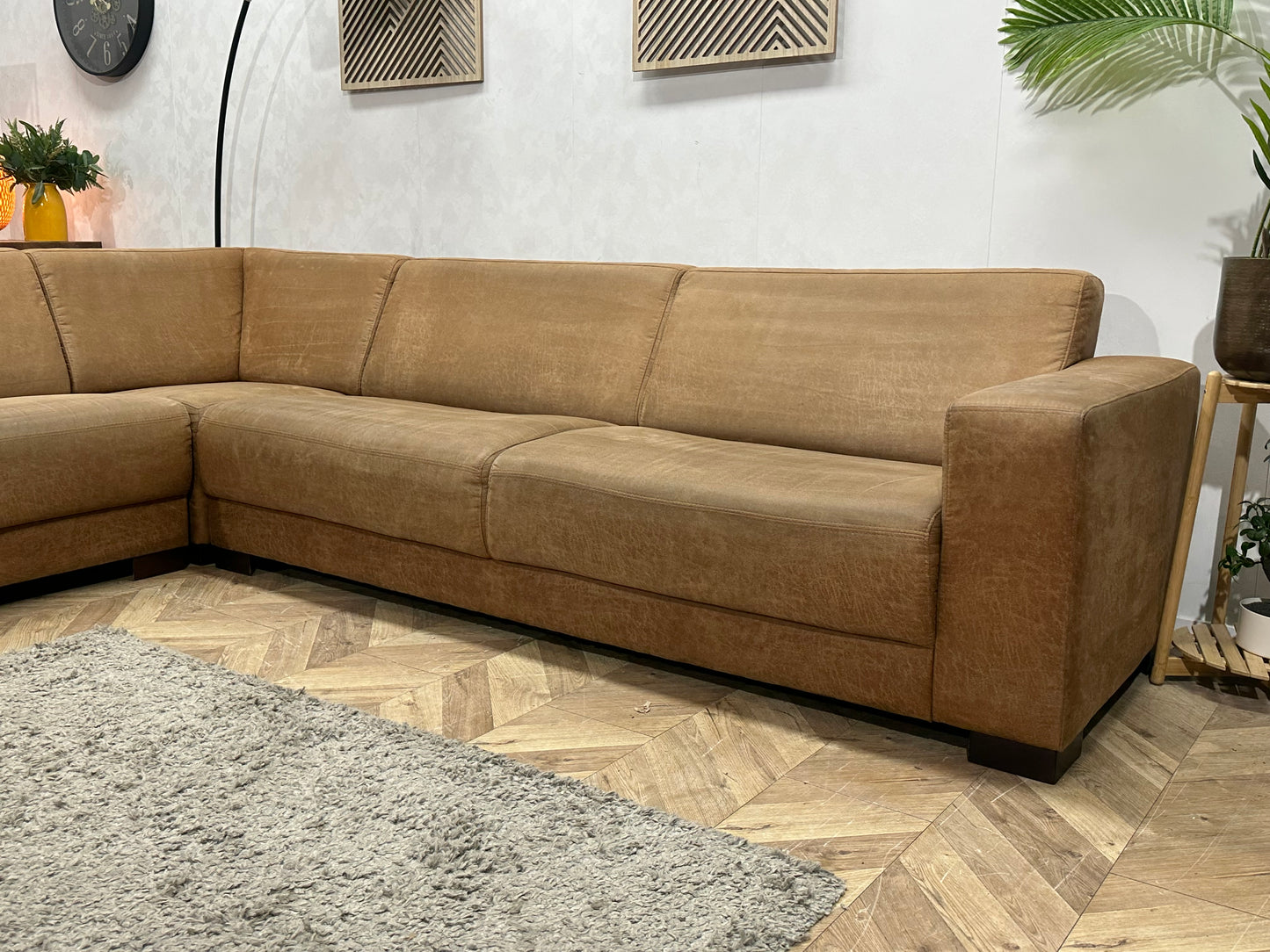 Cognac Bruine Suède Stoffen Hoekbank ~ Vaste Kussens