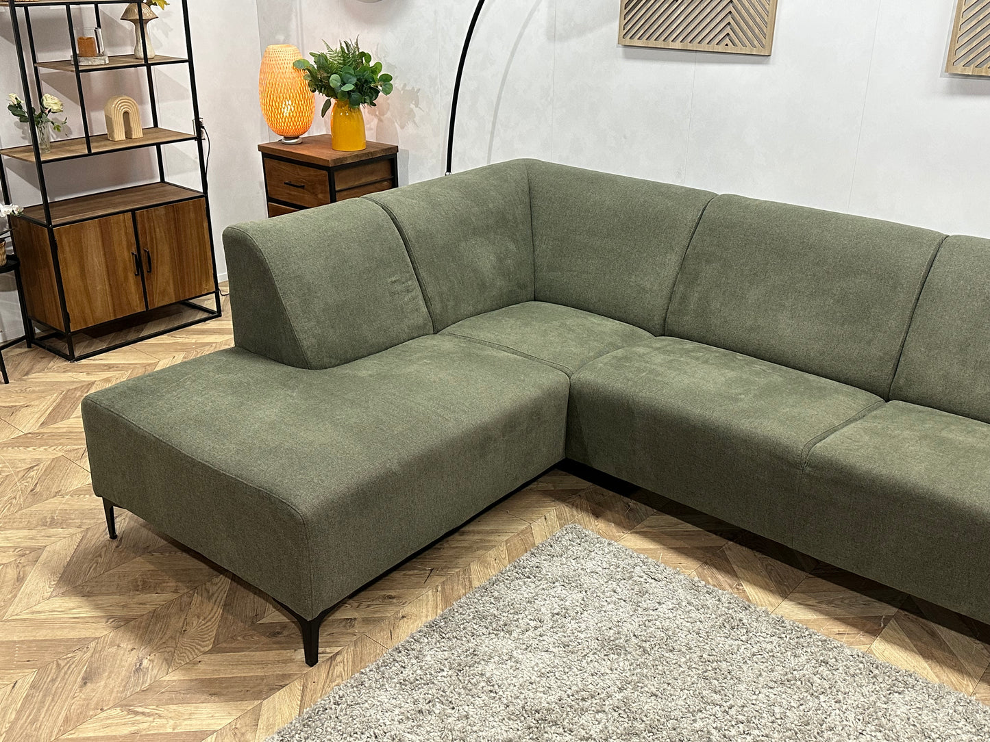 Groene Suède Stoffen Hoekbank ~ Vaste Kussens