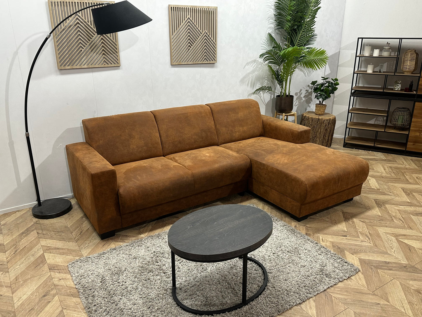 Cognac Bruine Suède Stoffen Hoekbank ~ Vaste Kussens