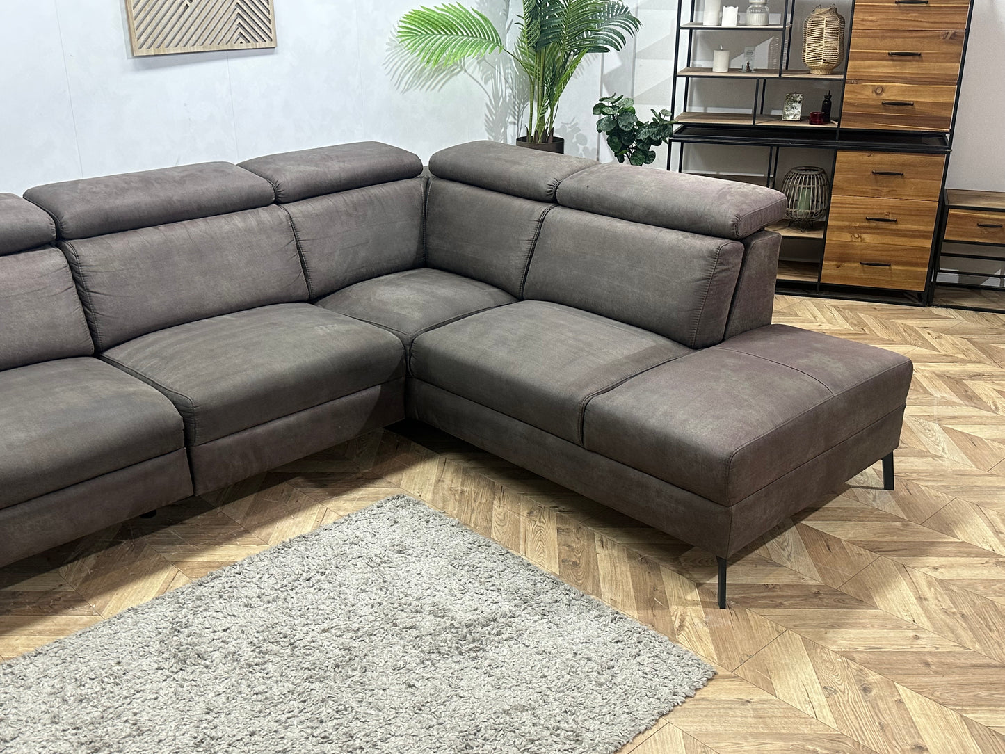 H&H Bruine Suède Stoffen Hoekbank ~ Relaxfunctie