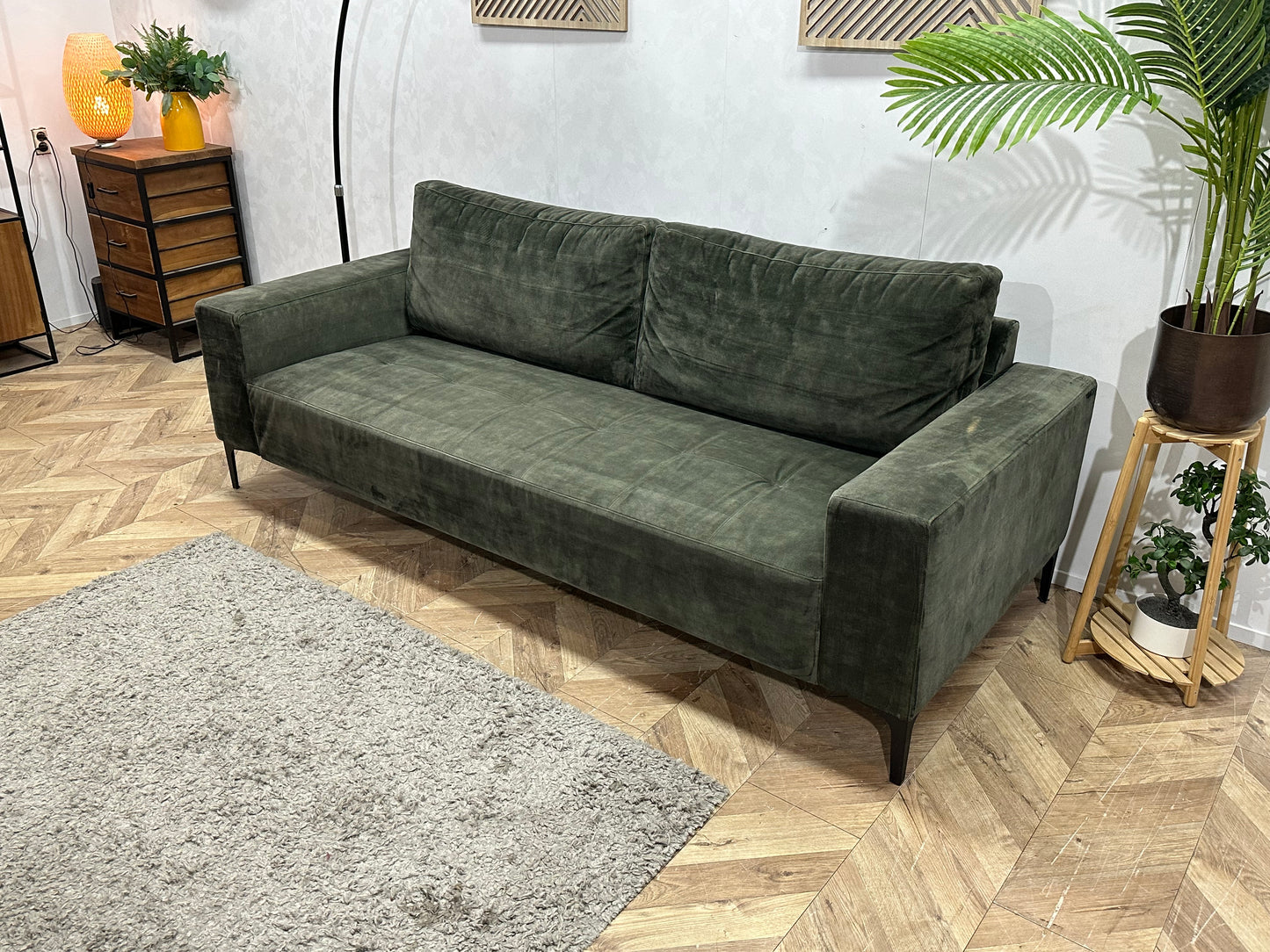 Groene Velvet 2.5-Zits Bank Inc Hocker ~ Losse Rugkussens Met Afneembare Hoezen