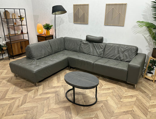 Montèl Grijze Echt Lederen Hoekbank ~ Vaste Kussens