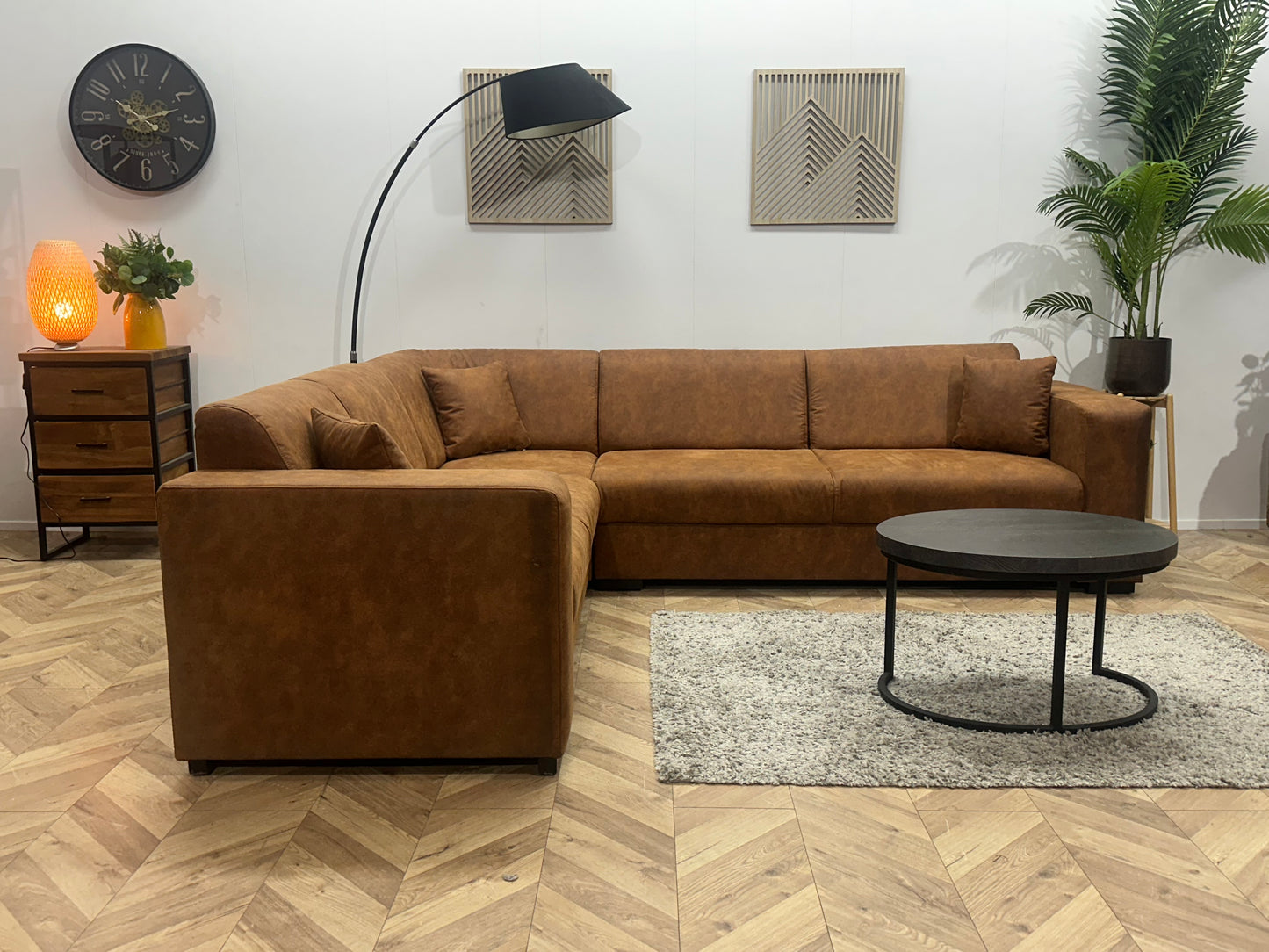 !Showroommodel! Cognac Bruine Suède Stoffen Hoekbank