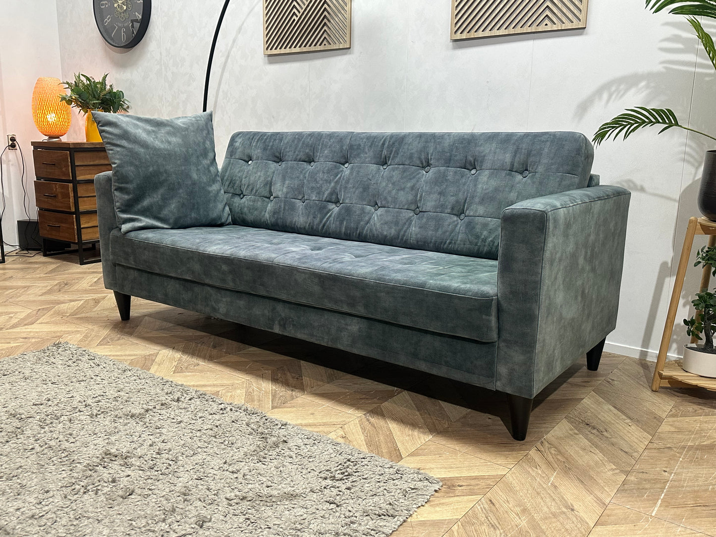 Umix Blauwe Velvet 2.5-Zits Bank ~ Losse Rugkussens Met Afneembare Hoezen