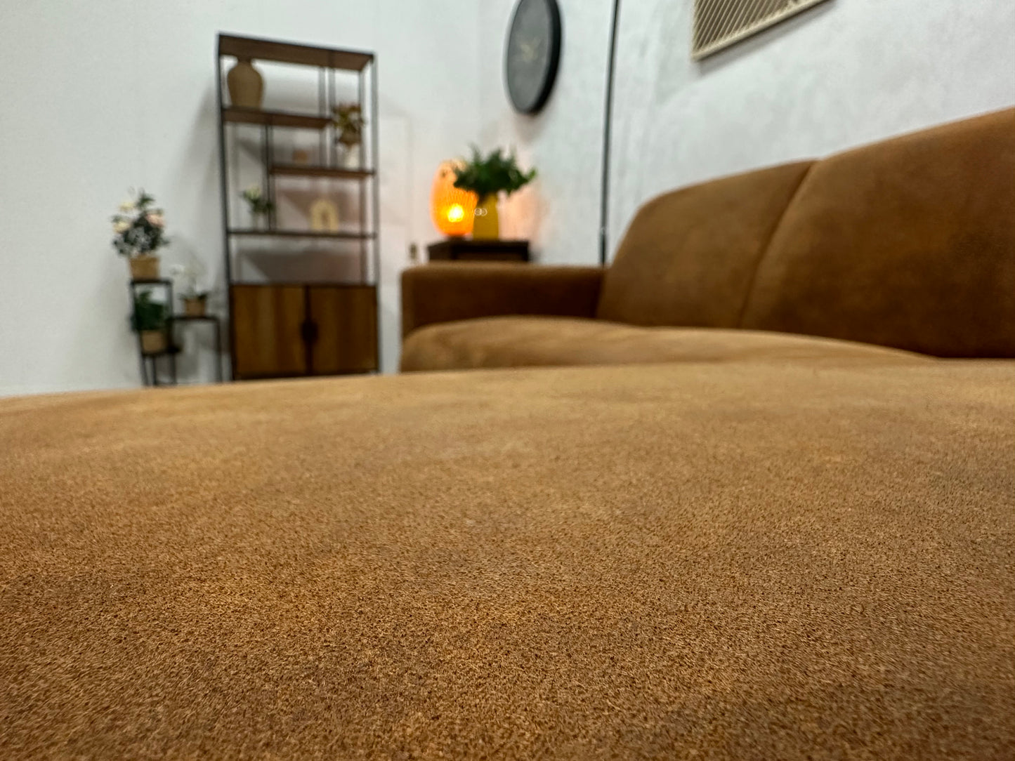 Cognac Bruine Suède Stoffen Hoekbank ~ Vaste Kussens