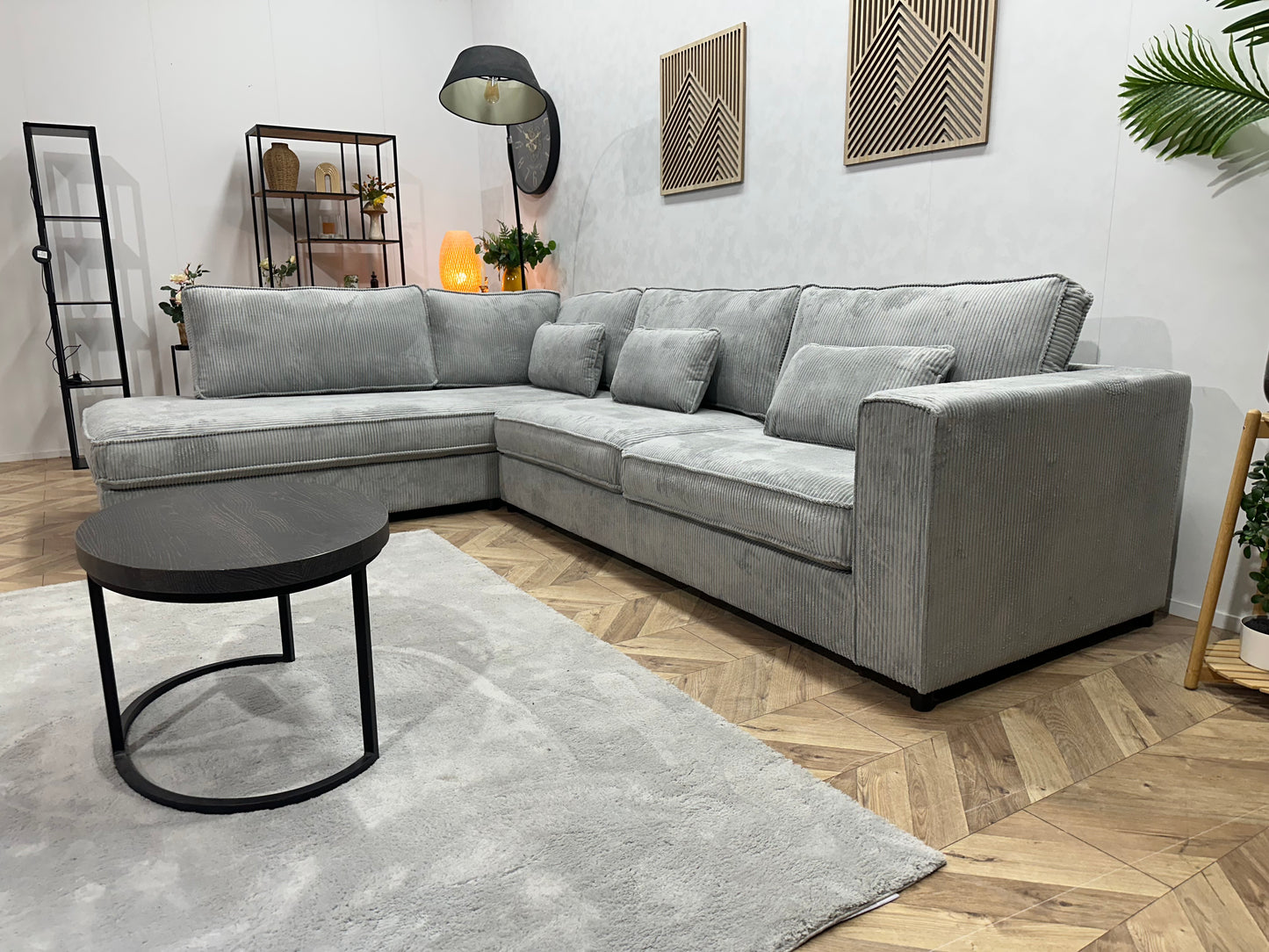 !Showroommodel! Licht Blauwe Ribstof Hoekbank Beide Hoeken Mogelijk