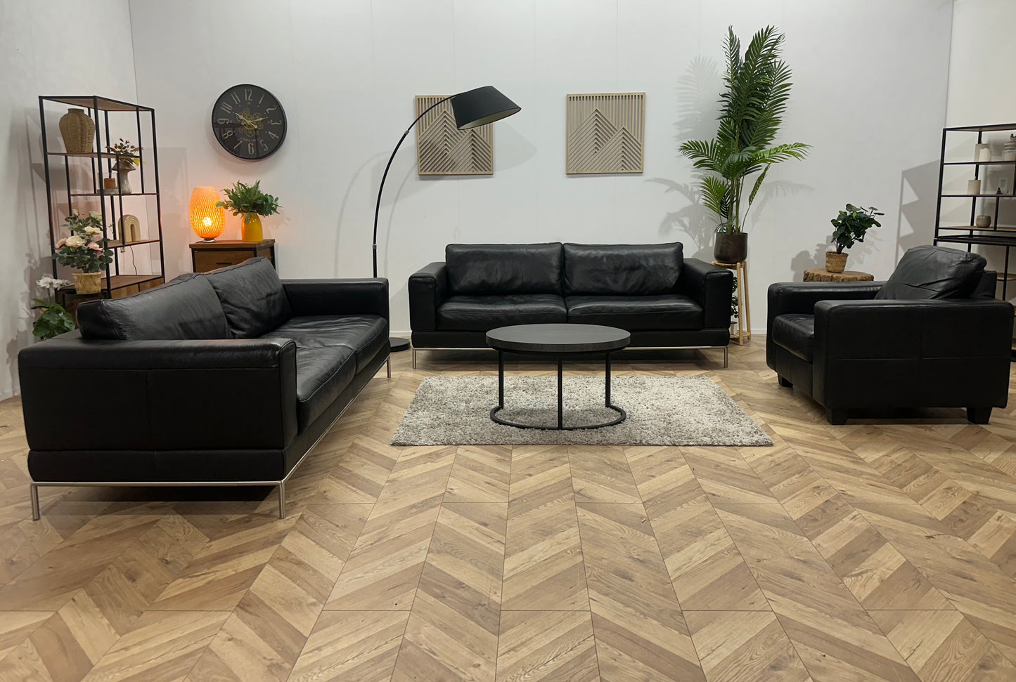 Zwarte Echt Lederen Banken Set Inc Fauteuil ~ Vaste Kussens