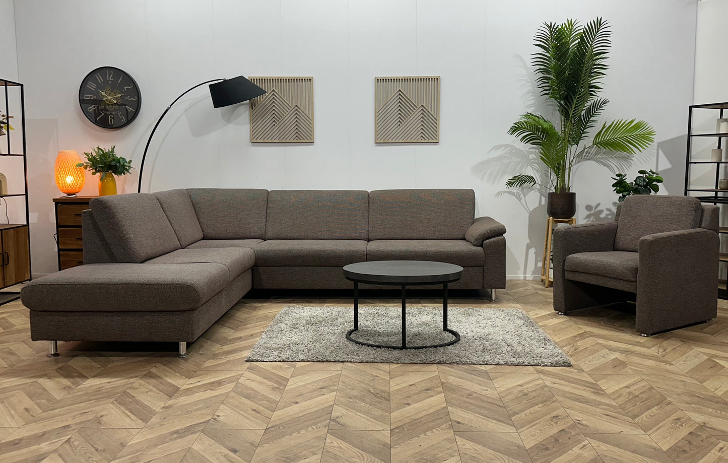 Grijze/Bruine Hoekbank Inc Fauteuil ~ Vaste Kussens