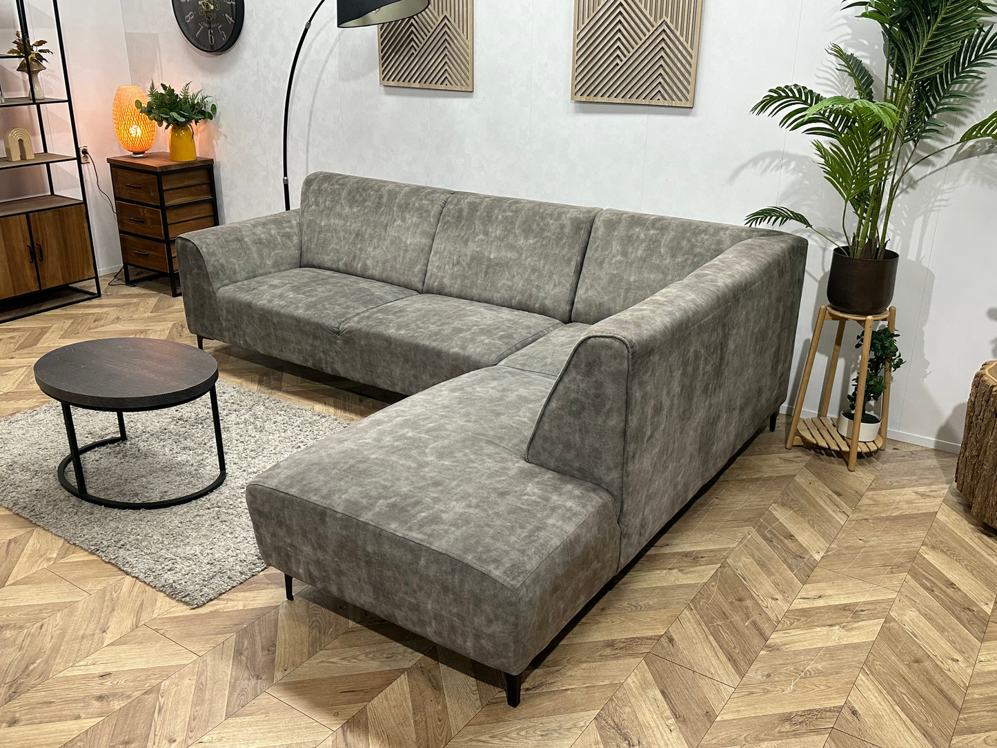 Grijze Velvet Hoekbank ~ Vaste Kussens