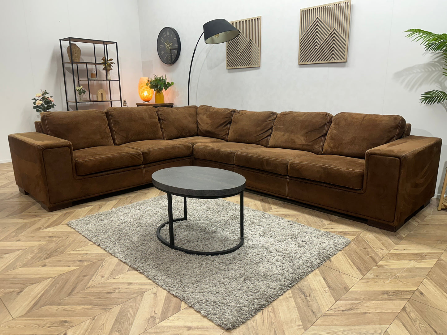 Cognac Bruine Velvet Hoekbank ~ Vaste Kussens