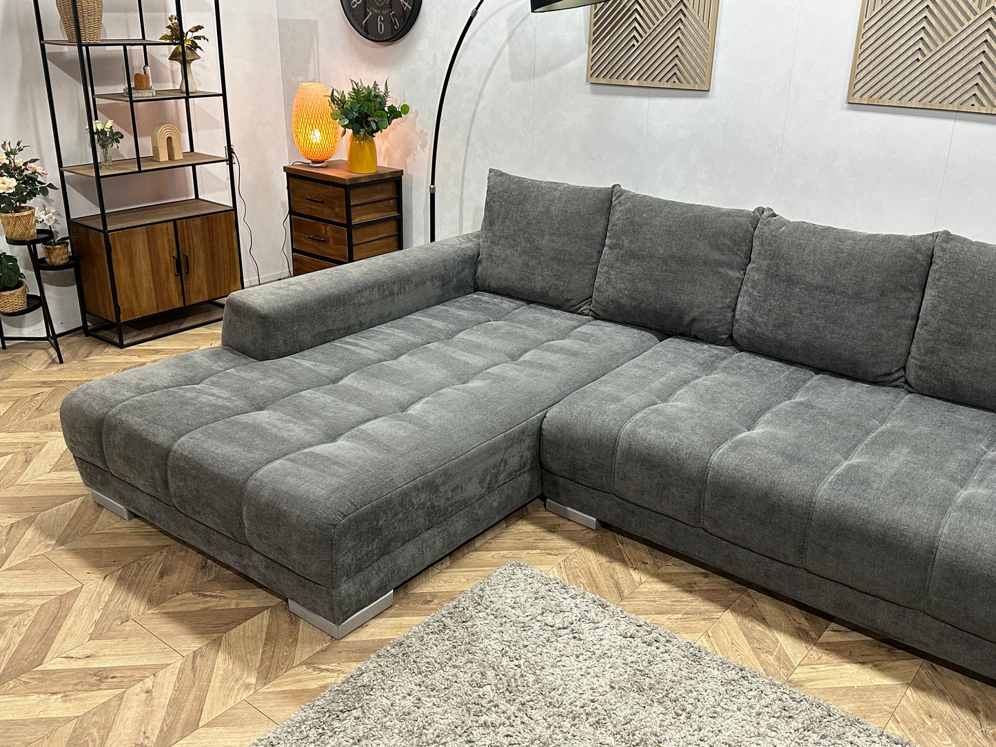 Antraciet Ruime Suede Stoffen Hoekbank ~ Nieuwstaat