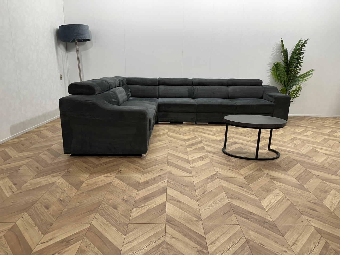 Grijze Suède Stof Hoekbank ~ Verstelbare Hoofdsteunen