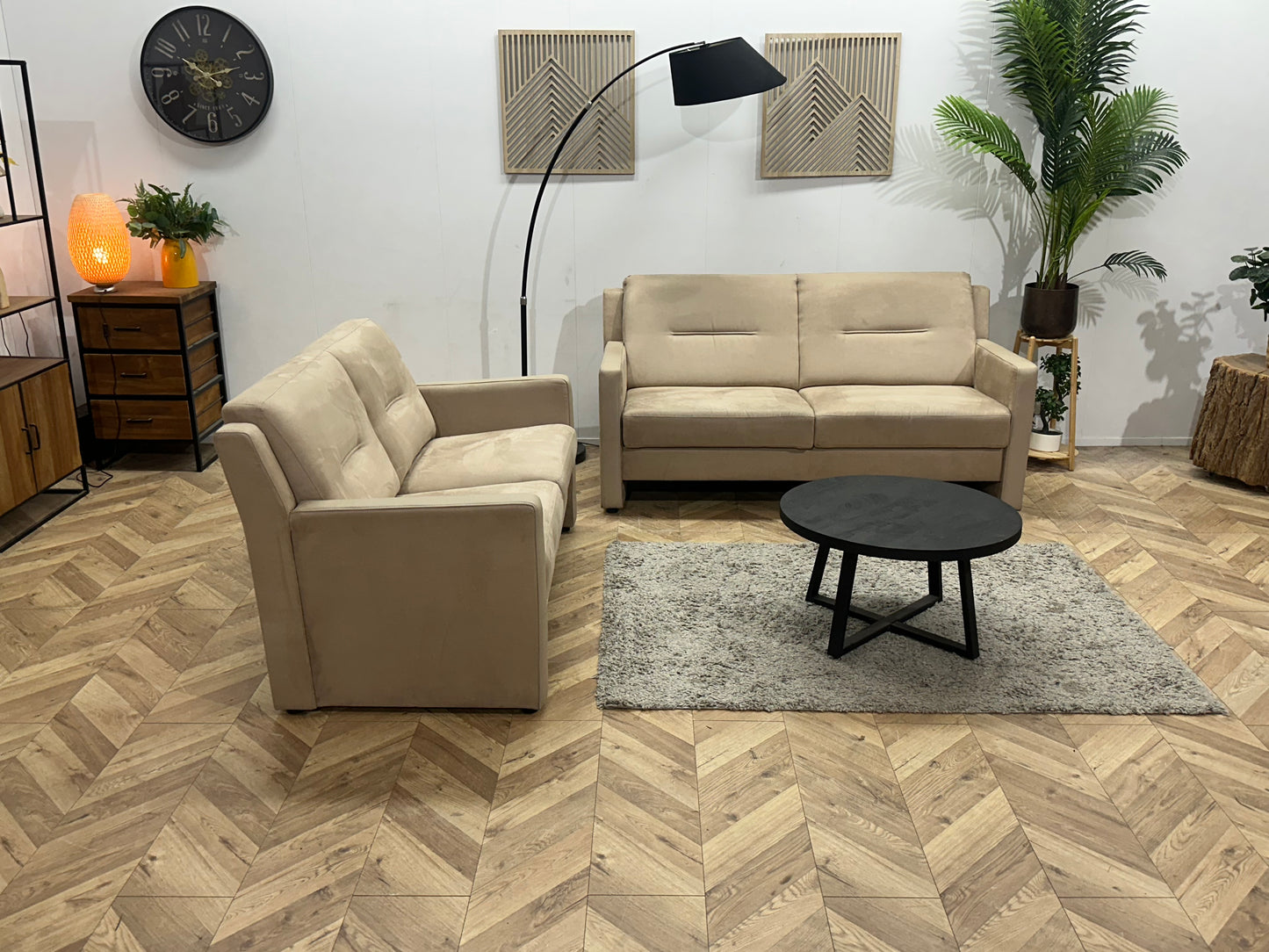 Beige Suede Stoffen/Lederen Banken Set ~ Vaste Kussens
