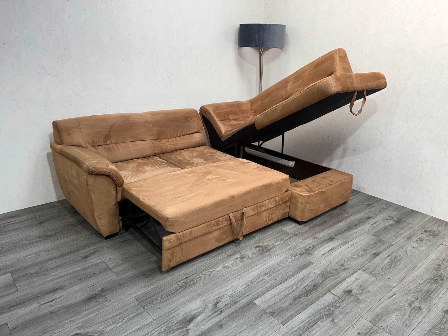 Cognac Bruine Suède Stof Hoekbank ~ Slaapfunctie