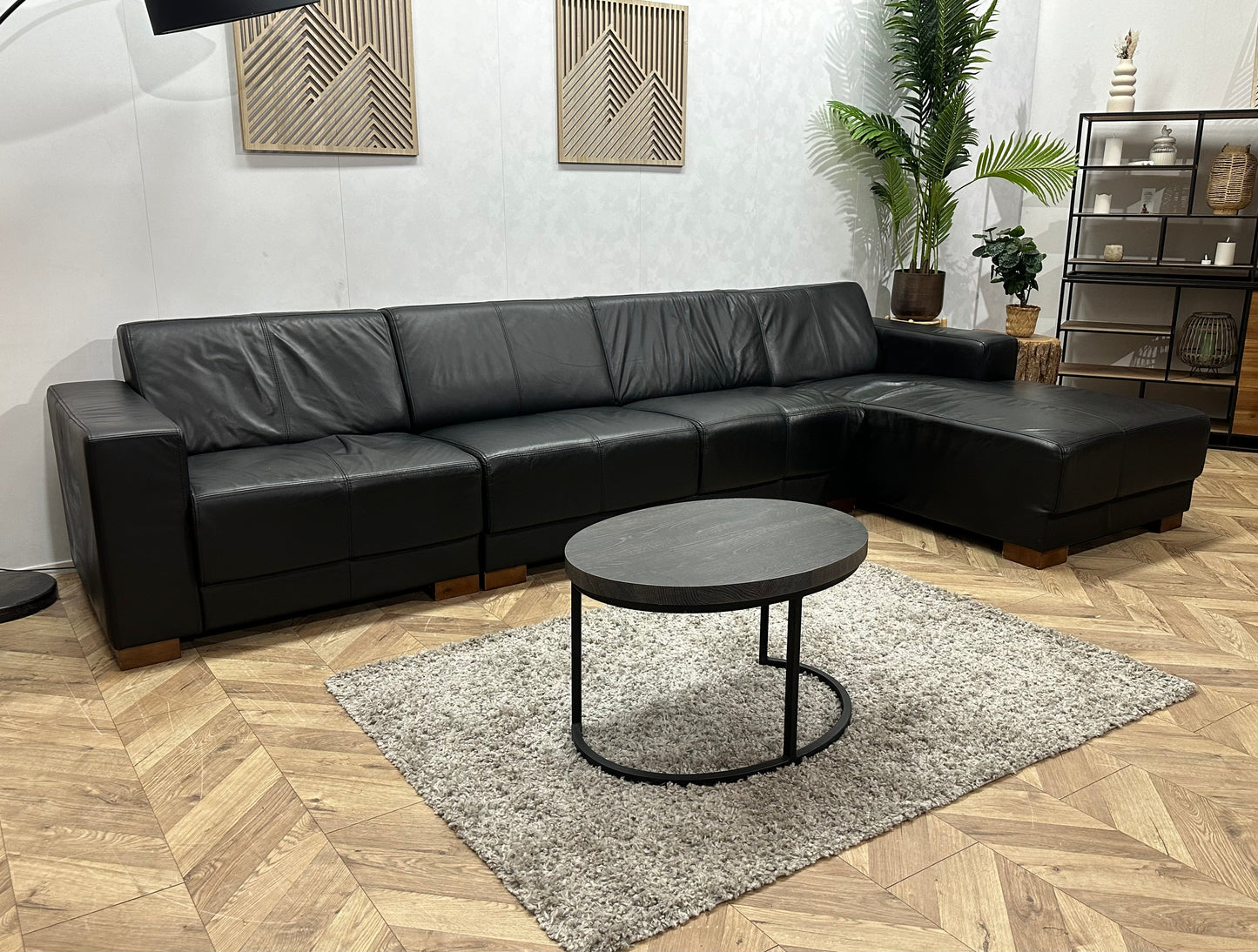 Zwarte Echt Lederen Hoekbank ~ Vaste Kussens