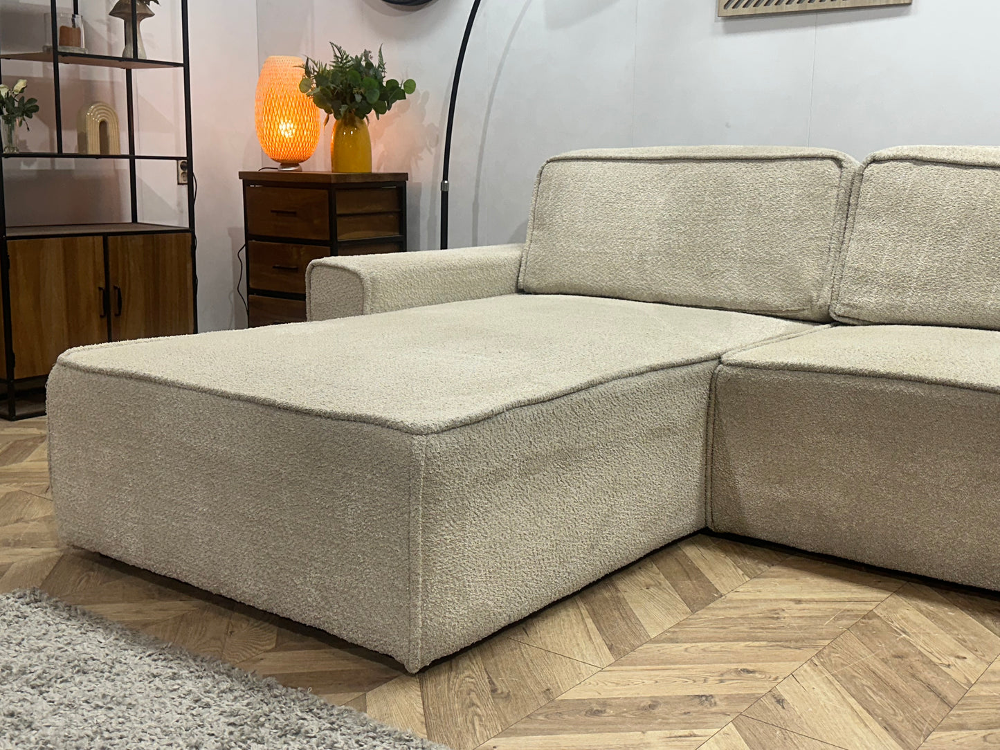 Crème Modulaire Bouclé Stoffen U Bank ~ Losse Rugkussens Met Afneembare Hoezen